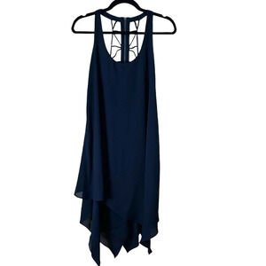 BCBG Paris Navy A Line Swing Dress w Ladderback Detail Handkerchief Hem Size 6